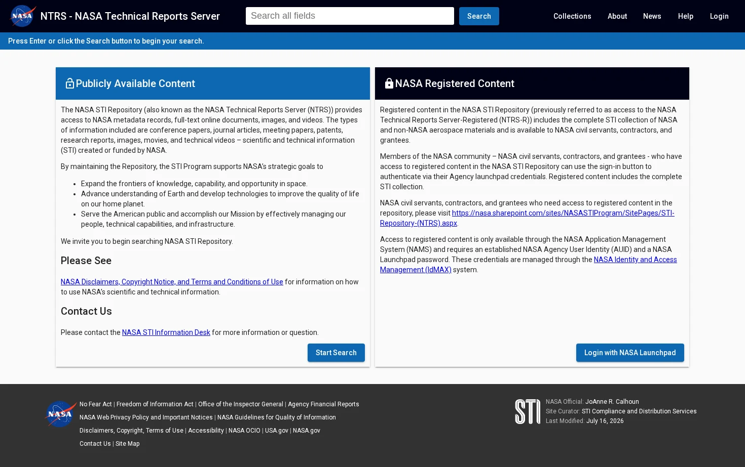 NASA Technical Reports Server (NTRS) 页面快照